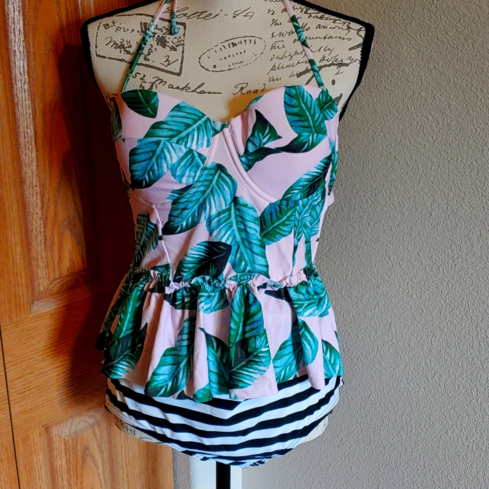 COCOSHIP Pink Tropical Leaf Peplum One-Piece Swimsuit with Black & White Stripes